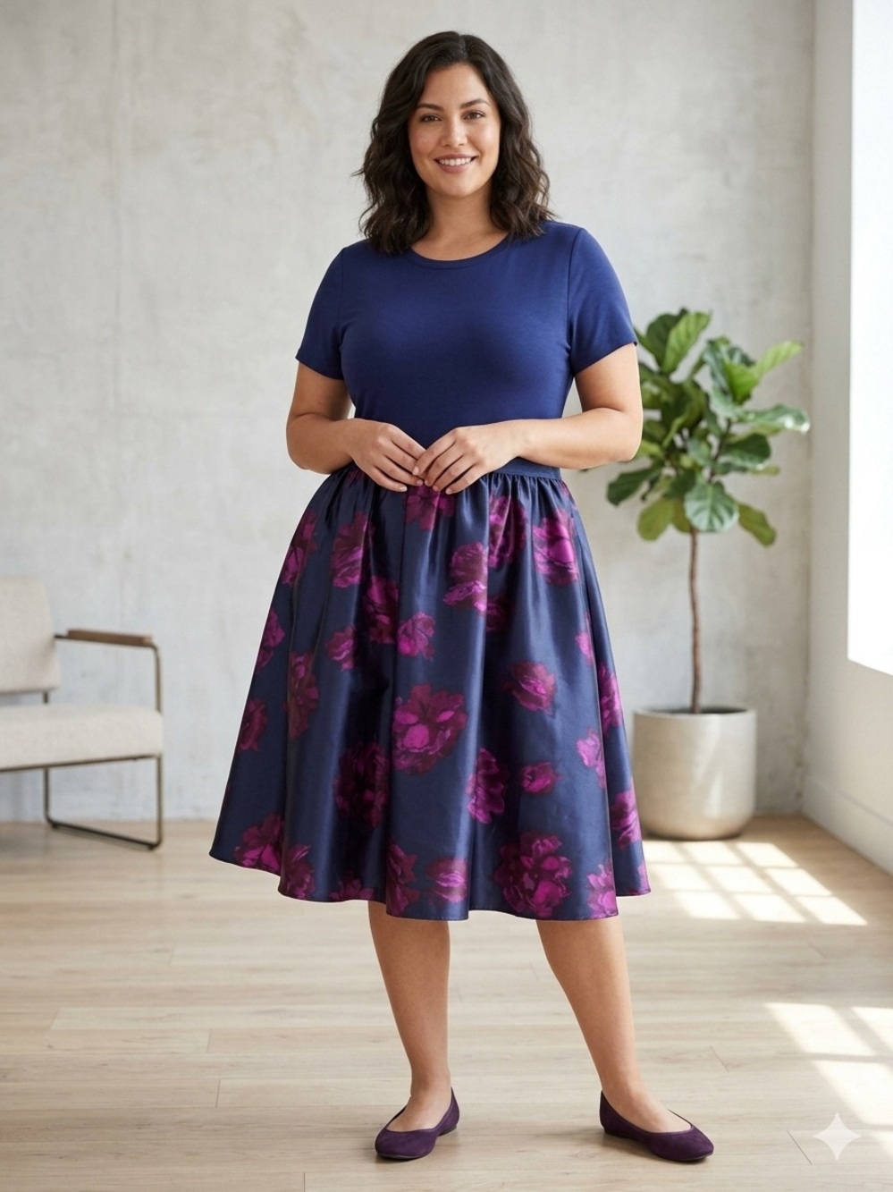 Isaac Mizrahi Navy Dress with Purple  Floral Skirt